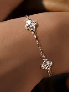 1pc S925 Sterling Silver Lucky Four-Leaf Clover Bracelet, Luxury Micro-Inlaid Floral Bracelet, Delicate Gift For Women - Four Leaf Clover - View 1