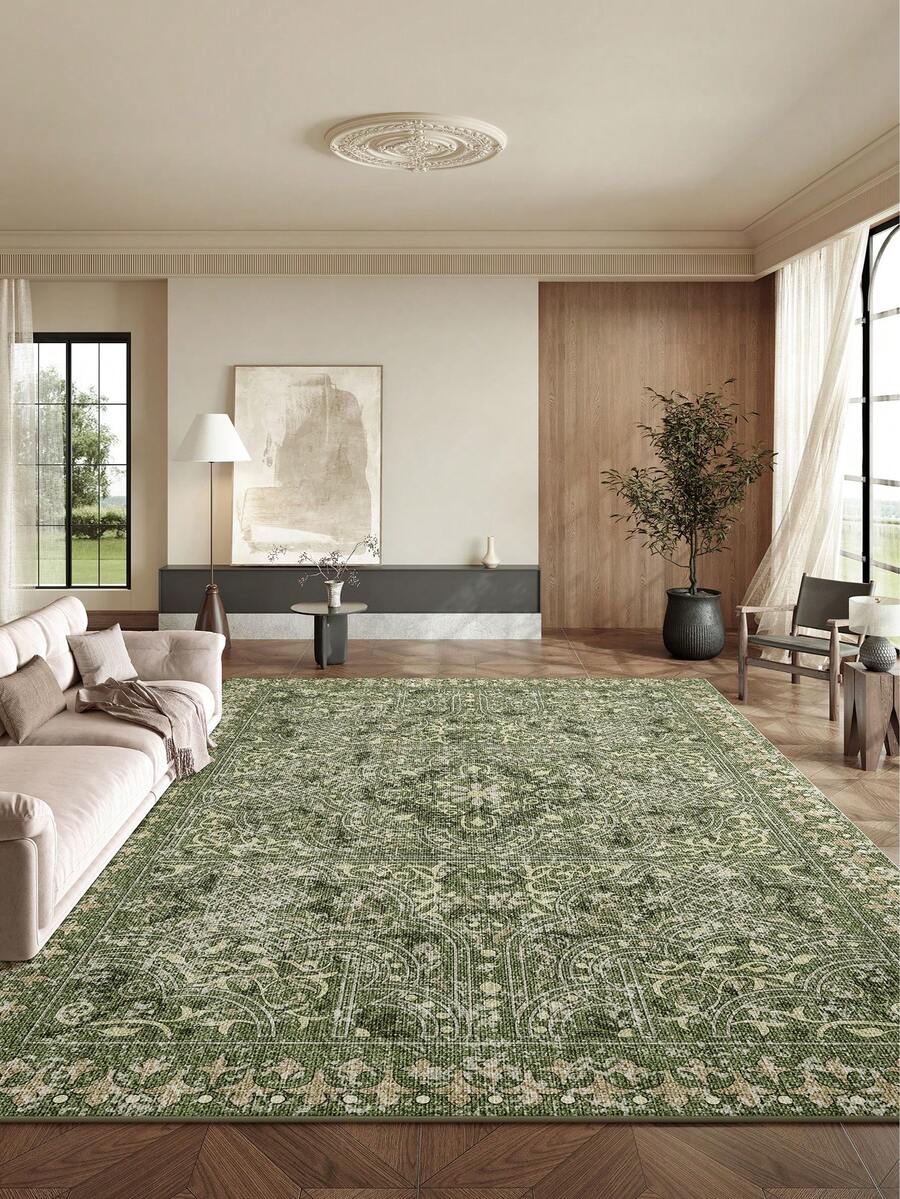 1 pieza Alfombra de área con patrón vintage verde, estilo bohemio, material de terciopelo suave y cómodo, fácil mantenimiento, impermeable y anti-manchas, con respaldo antideslizante, adecuada para entrada, dormitorio, sala de estar, baño, cocina, comedor, oficina, decoración de habitación, celebración festiva - Verde - Ver 1