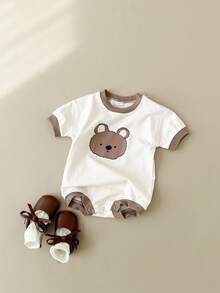 Newborn Baby Girls Cute Bear Print Short Sleeve Romper, Spring/Summer - Apricot - View 7
