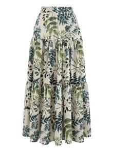 EARO Women's Long Printed Layered Skirt, Non-Stretch Fabric, Elastic Waistband, Flowing Long Skirt - Green - View 2