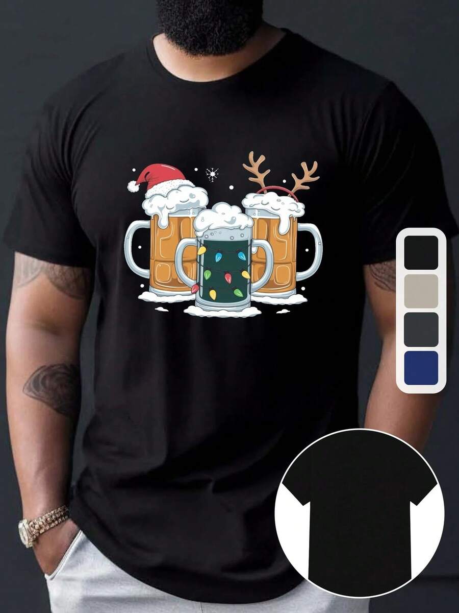 2026 Camisetas con estampado de jarras de cerveza de tres festivales de Navidad, camisetas para hombres, camisetas casuales de verano de manga corta - Negro - Ver 1