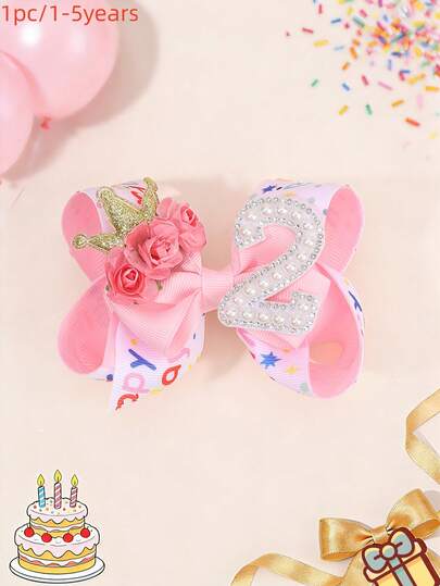 1pc Pink "Happy Birthday" Bow Hair Clip, 1 2 3 4 6 7 8 Number Hair Clips, Candy Hair Accessories, Girls Party Favor & Follow Us For Latest Designs & Enjoy 8% Off & DZBB