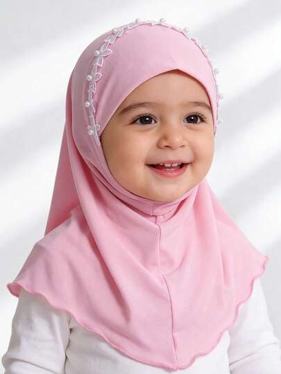 1pc Children's Headscarf, Soft Knit Fabric With Adorable White Lace Flower Trim, Suitable For Daily Religious Activities, School Events, Outdoor Leisure