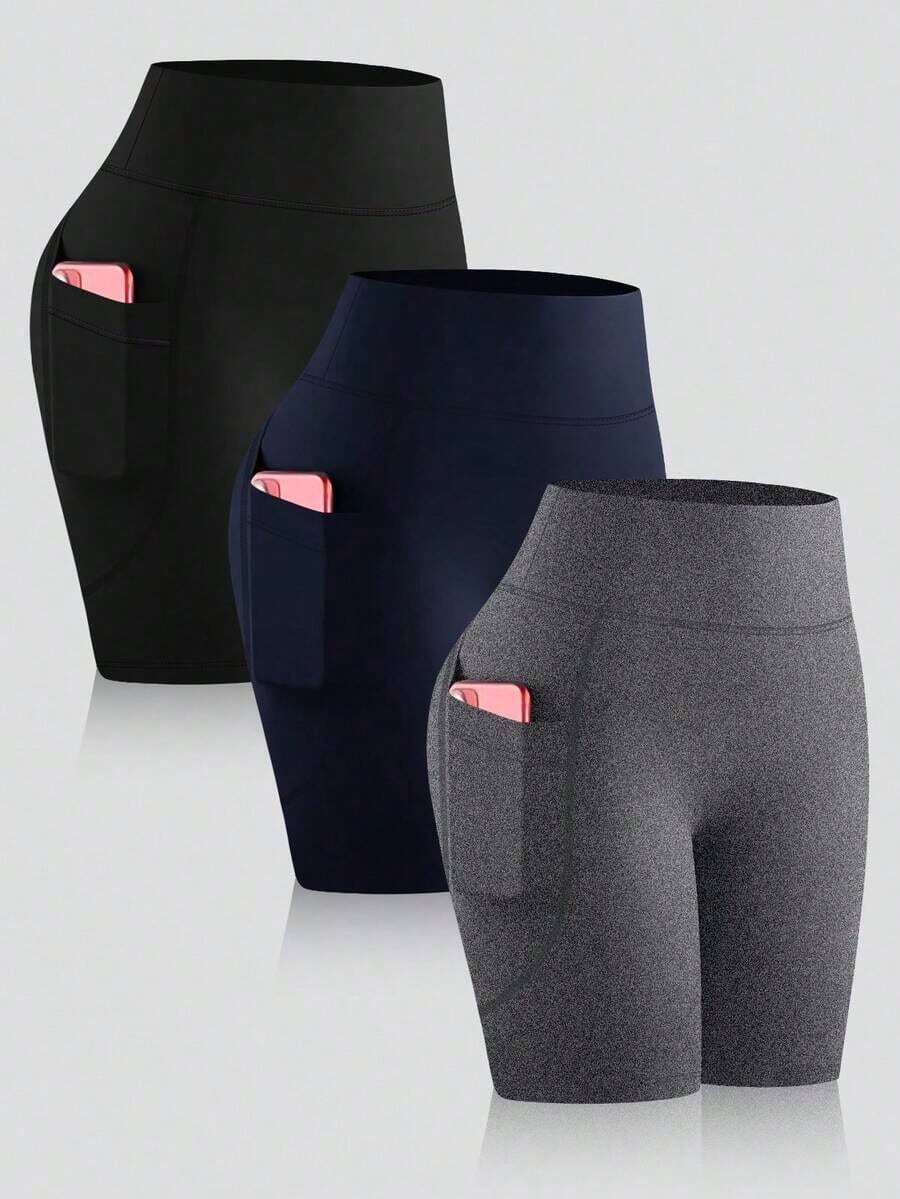 3Pcs/Set Black, Gray, Blue Yoga Shorts With Pockets, High Waist, Tummy Control, Compression Leggings, Bike Shorts, Stretchy & Comfortable Athletic Pants Spring/Summer - 黑色 - 查看 1