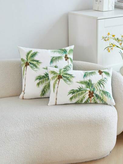 1 pieza Funda de cojín bordada con cuentas de árbol de coco tropical, funda de cojín decorativa con hojas tropicales, adecuada para decoración interior, funda de cojín de primavera/verano, sin incluir el relleno del cojín