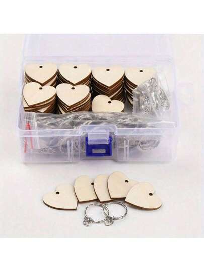 1盒100件/套DIY心形木质钥匙扣吊坠套装，未完成的钥匙扣吊坠礼品套装，含钥匙圈 - 长方形木块，适用于钥匙扣手柄制作，可用于钥匙扣装饰、DIY吊牌、行李箱装饰、节日DIY，用途广泛，坚固耐用，可爱精致，亦可作为生日/毕业礼物（10/20/30件/包 - 30/60/90件）。