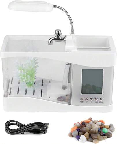 Acuario Recargable por USB con Luz LED, Pantalla LCD para Hora, Fecha, Temperatura, Soporte para Bolígrafo, Decoración para Sala de Estar, Dormitorio, Oficina (Negro)