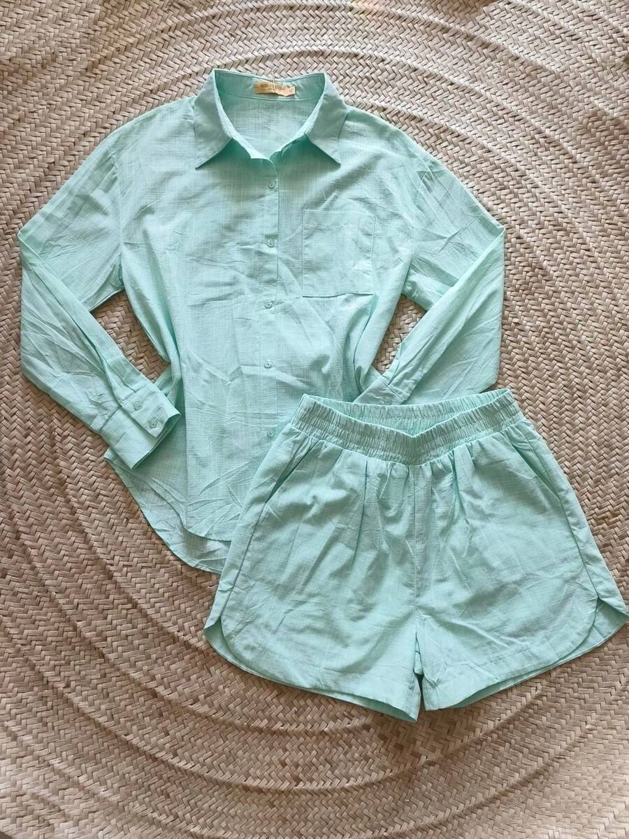 Oversized Shirt And Shorts Set - Cadet Blue - View 1