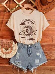 Women's T-Shirt With Live By The Sun Graphic - Màu Khaki - Xem 1