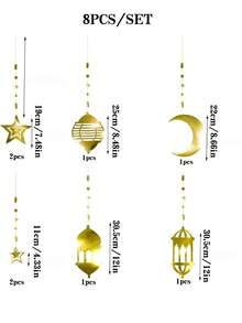 8pcs Of A Set | Gold Star Moon Lantern Garland Mawlid Moroccan Party Decoration Ramadan Streamers For Arabian Nights Ramadan Mubarak Eid Party Decor Hanging Lesser Bairam Islam Celestial Banner Pack Of 8, Home Decor, Room Decor - Multicolor - View 7