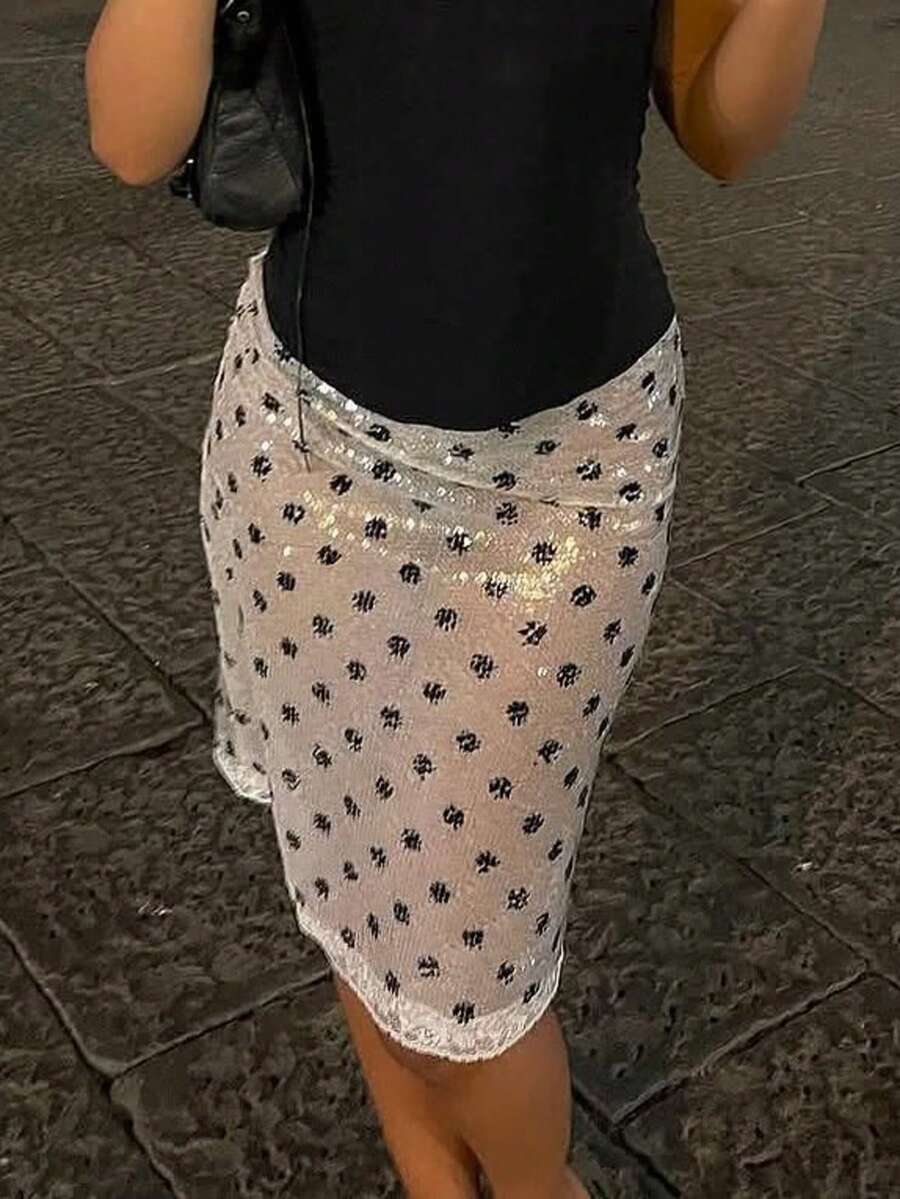 Chân váy nữ màu trắng chấm bi, ren đính sequin, thanh lịch, gợi cảm, thích hợp cho đi biển, hẹn hò buổi tối, kỳ nghỉ và mặc hàng ngày. - trắng - Xem 1