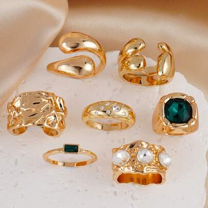 7pcs Asymmetrical Rhinestone Inlaid Open Ring Set, Oversized Faux Gemstone Rings, Suitable For Women's Daily, Date, Party, Music Festival Stacking And Wearing