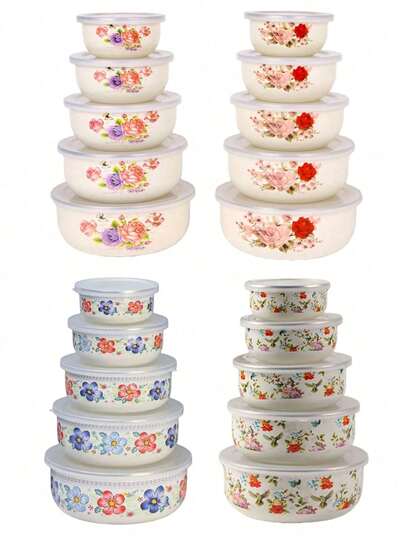 5 حاويات تخزين طعام مطلية بالمينا محكمة الإغلاق، سعة 10/12/14/16/18 مل، مناسبة لتخزين الفواكه والخضروات، أغطية دائرية، قابلة لإعادة الاستخدام، أطباق شوربة/سلطة مطلية بالمينا عصرية، مناسبة للمدرسة والتخييم والنزهات والمكتب وغيرها