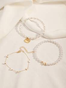 3er/Set modisches Fußkettchen mit Kunstmuschel & Seestern Perlen und Kette, Damen Urlaubs-Lässig-Mode Fußkettchen Schmuck - Stil 1 - Übersicht 5