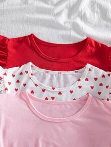 少女情人节休闲短袖上衣，心形印花三件套 - 紅色 - 查看 8