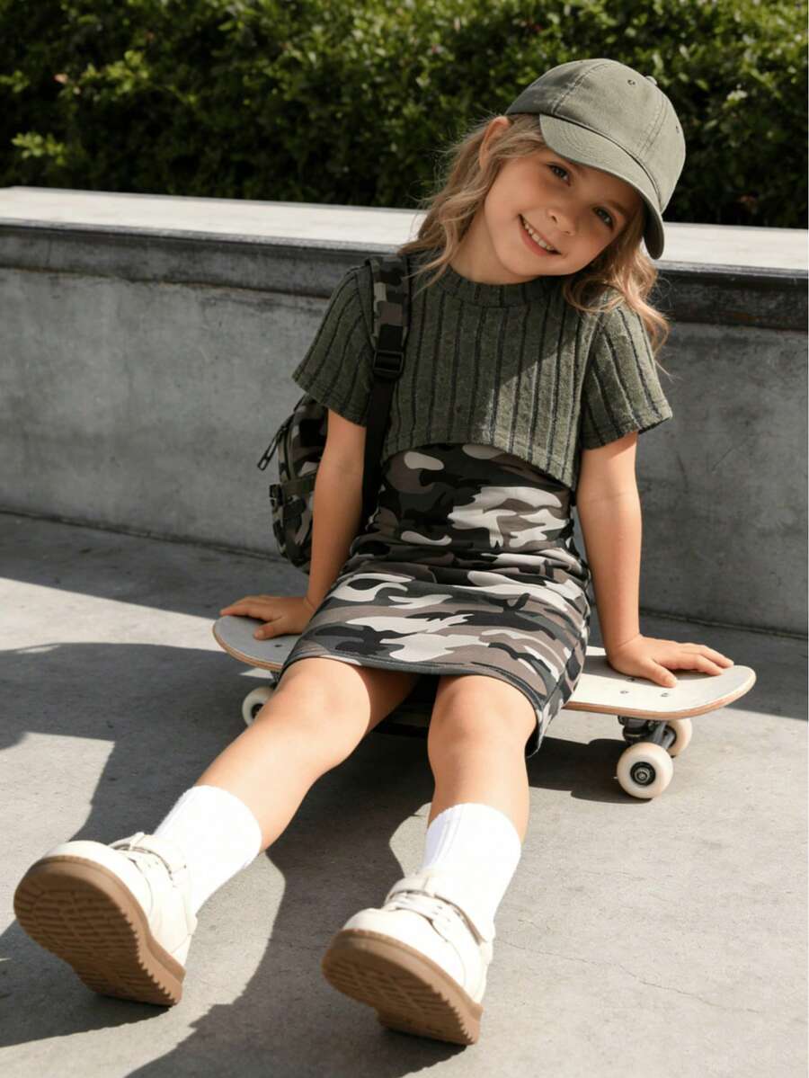 4-7 Years Girls Summer Camouflage Print Short Sleeve T-Shirt And Cami Dress 2-Piece Set, Soft And Skin-Friendly Fabric - Army Green - View 1