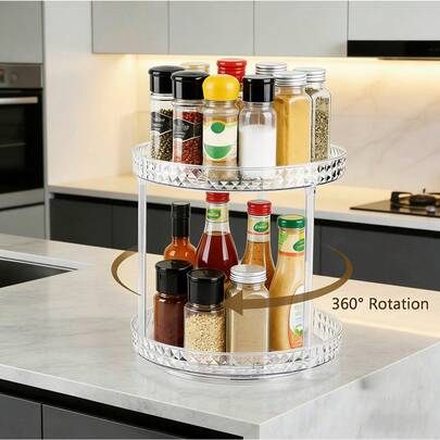 ชั้นวางเครื่องเทศหมุนได้ 360° - ชั้นเก็บของในครัว, ที่จัดระเบียบตู้เครื่องแป้ง - ที่จัดระเบียบเครื่องสำอาง, เหมาะสำหรับจัดเก็บเครื่องปรุงในครัว, เคาน์เตอร์, ห้องน้ำ, ที่จัดระเบียบเครื่องเทศในครัว