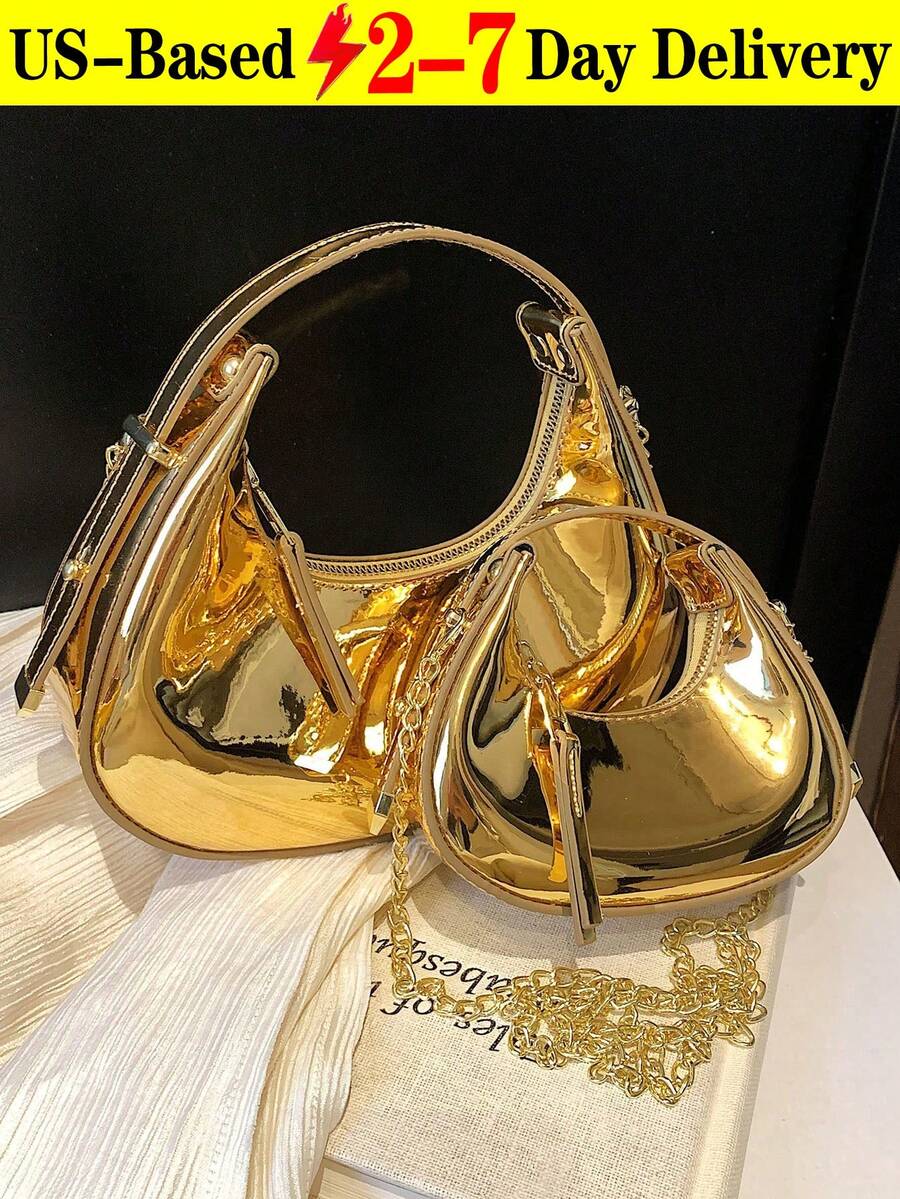 2026 Spring New Arrival Women Bag,Glossy Moon Box Mini Handbag, Crescent Moon Bag, Elegant For Lady,Chic Laser Gold Chain Shoulder/Crossbody Bag,Foldable Candy Color Fashion PU Leather Underarm Bag, Women's Cute Casual Versatile Handbag & Purse  Lipstick/Earbud Holder Case, Versatile Shoulder Bag, Solid Color Minimalist Zipper Shoulder Bag, Fashionable, Zipper Shoulder Bag, Faux Leather Solid Color Wallet, Versatile For Work/Commute, Winter Summer Autumn Spring,Ideal New Year Gift, Small Bag, Suitable For Women Commuting Daily Use. - Vàng - Xem 1