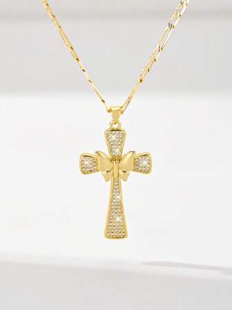 1件欧美经典铜镶嵌锆石蝴蝶耶稣十字架吊坠项链，限量版“守护之光”，适合作为圣诞节/感恩节/万圣节/母亲节/情人节礼物送给情侣/朋友/信徒，天主教初领圣体礼物，日常及节日祈祷佩戴。