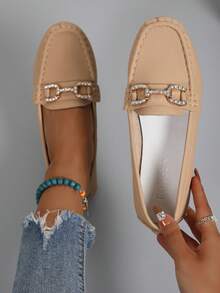 女士平底鞋，纯色，水钻装饰，时尚软底套脚休闲通勤舒适经典乐福鞋 - 卡其色 - 查看 5