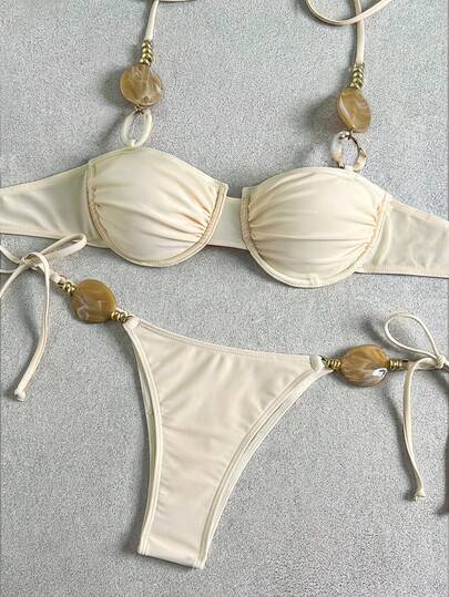 Bikinx Women's Sexy Solid Color Backless Tie-Front Ruched Underwire Bikini Set, Suitable For Beach & Holiday