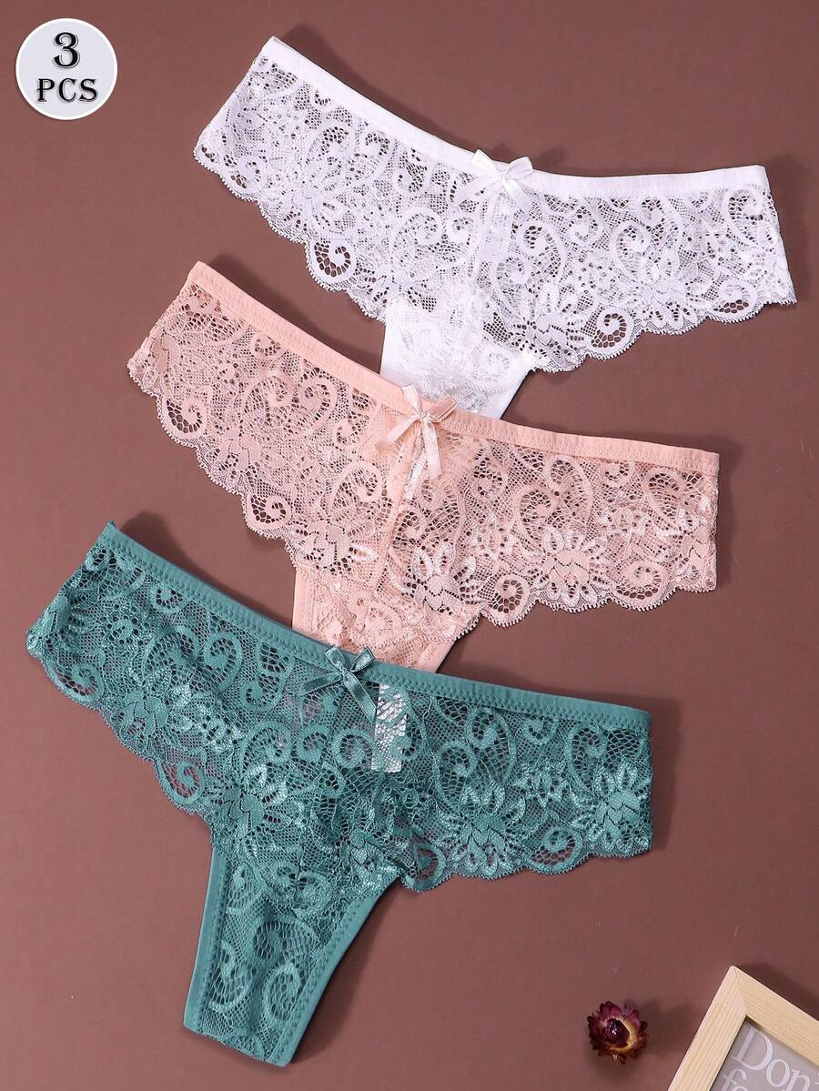 3pcs/Set Sexy Lace Thong Panties, Low Waist For Women - Multicolor - View 1