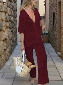 Bộ bikini ngoài trời dệt kim rỗng màu trơn gợi cảm dành cho nữ, thích hợp cho mùa hè, kỳ nghỉ, lễ hội và mùa tựu trường. - Gỗ đỏ - Xem 6