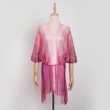 长款闪亮金色网纱沙滩围巾，多功能轻薄比基尼罩衫，时尚渐变流苏披肩，度假必备 - 彩色 - 查看 16