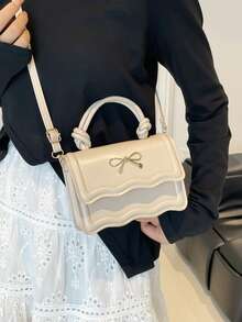 时尚纯色手提包，休闲翻盖小方包，蝴蝶结金属锁扣，女士托特包/单肩斜挎包，春夏新款