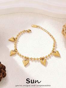 1pc Stainless Steel Heart Pendant Bracelet For Women Fashion Simple Heart Charms Beads Chain Bracelets Waterproof Jewelry