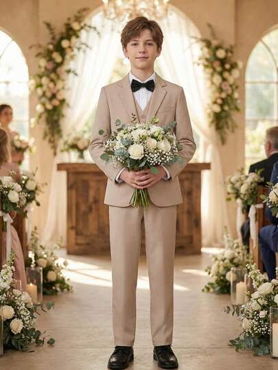 5pcs Boys Suit Set, Toddler Tuxedo Formal Wear, Ring Bearer Outfit, Wedding Suit Jacket, Vest, Pants, Shirt, Tie, Champagne Color, Size 6-14 Years