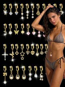 Fake Belly Button Ring Clip-On For Women - CZ Dangle Heart Non-Piercing Jewelry - Golden - Golden - View 1