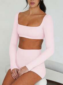 Bộ đồ thể thao nữ mùa thu, cổ vuông, tay dài, siêu ngắn, ôm sát, thích hợp cho thể thao, ở nhà và tập thể dục. - Hồng - Xem 10