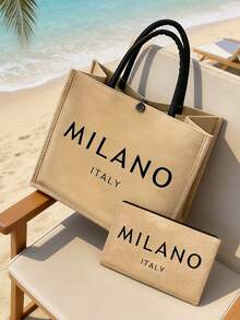 Bộ 4 túi đi biển, thiết kế in chữ "MILANO ITALY" độc đáo. Túi tote cỡ lớn tối giản kèm túi đựng mỹ phẩm di động, mũ chống nắng khoét lỗ mùa xuân/hè, kính râm hình trái tim màu đen, mũ xô phong cách Bohemian và mũ len rộng vành thoáng khí. Túi đựng mỹ phẩm di động. - Nhiều màu - Xem 5