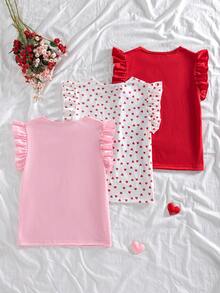 少女情人节休闲短袖上衣，心形印花三件套 - 紅色 - 查看 2
