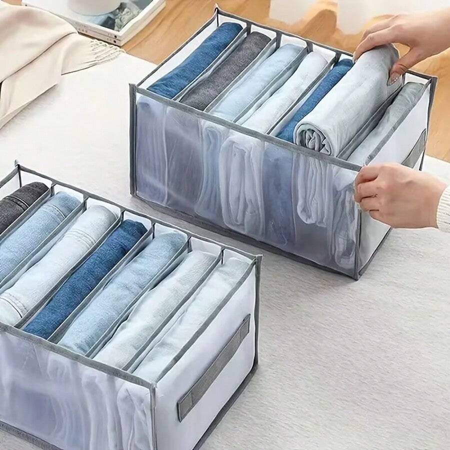 2pcs Transparent 7-Grid Fabric Drawer Organizer With Handle – Washable Nylon Storage Box For Jeans, T-Shirts, And Clothes – Foldable Closet Divider For Efficient Wardrobe Organization, Foldable Organizer | Transparent Design | Lightweight Organizer, Clothes Organizer Storage - 大號7格帶手提帶 - 查看 1