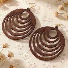 1 Pair Wireless Geometric Circle Wooden Pendant Earrings, Exaggerated Large Hoop Earrings - Brown - View 6