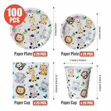丛林动物主题派对一次性餐盘、餐巾纸、纸杯套装 - 一次性派对用品套装，适合25位客人，一次性纸盘，派对餐具，适用于生日、婚礼、主题派对、家庭野餐 - 彩色 - 查看 10