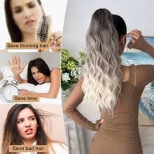 夹式马尾接发，黑色、酒红色渐变、黑色、灰色渐变、棕色波浪纹马尾，24英寸，耐热硬质合成发片，适合女性圣诞节、万圣节、音乐节派对和日常使用。 - 拼色 - 查看 10