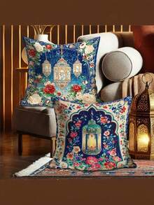 4 pièces Housses de coussin décoratif pour la décoration de Ramadan, arche florale, lanterne. Style vintage boho en bleu, rouge, blanc et vert. Doux et confortable. Impression unilatérale pour le salon, la chambre, le canapé et le lit, sans les inserts de coussin. - bleu indigo - Voir 7