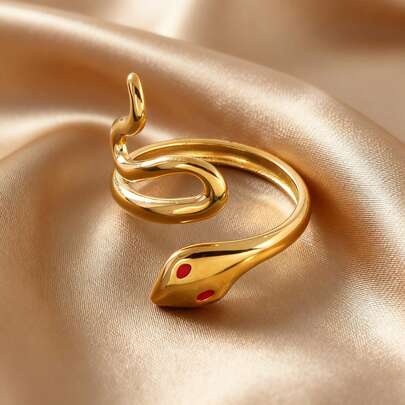 1 pieza Anillo abierto con diseño de serpiente único - Material de acero inoxidable 304L, diseño de ojo rojo, joyería de estilo callejero hip hop, accesorio de mano unisex, decoración con tema animal