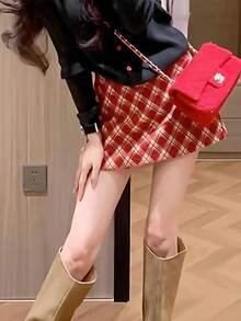 Y6Y Spring New Red Plaid High Waist Slimming Women Skirt - Red - View 3