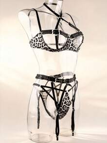 Fetish Lingerie Set With Spaghetti Straps, Hollow-Out, Leopard Print, Revealing Chest, Sexy - White - View 5