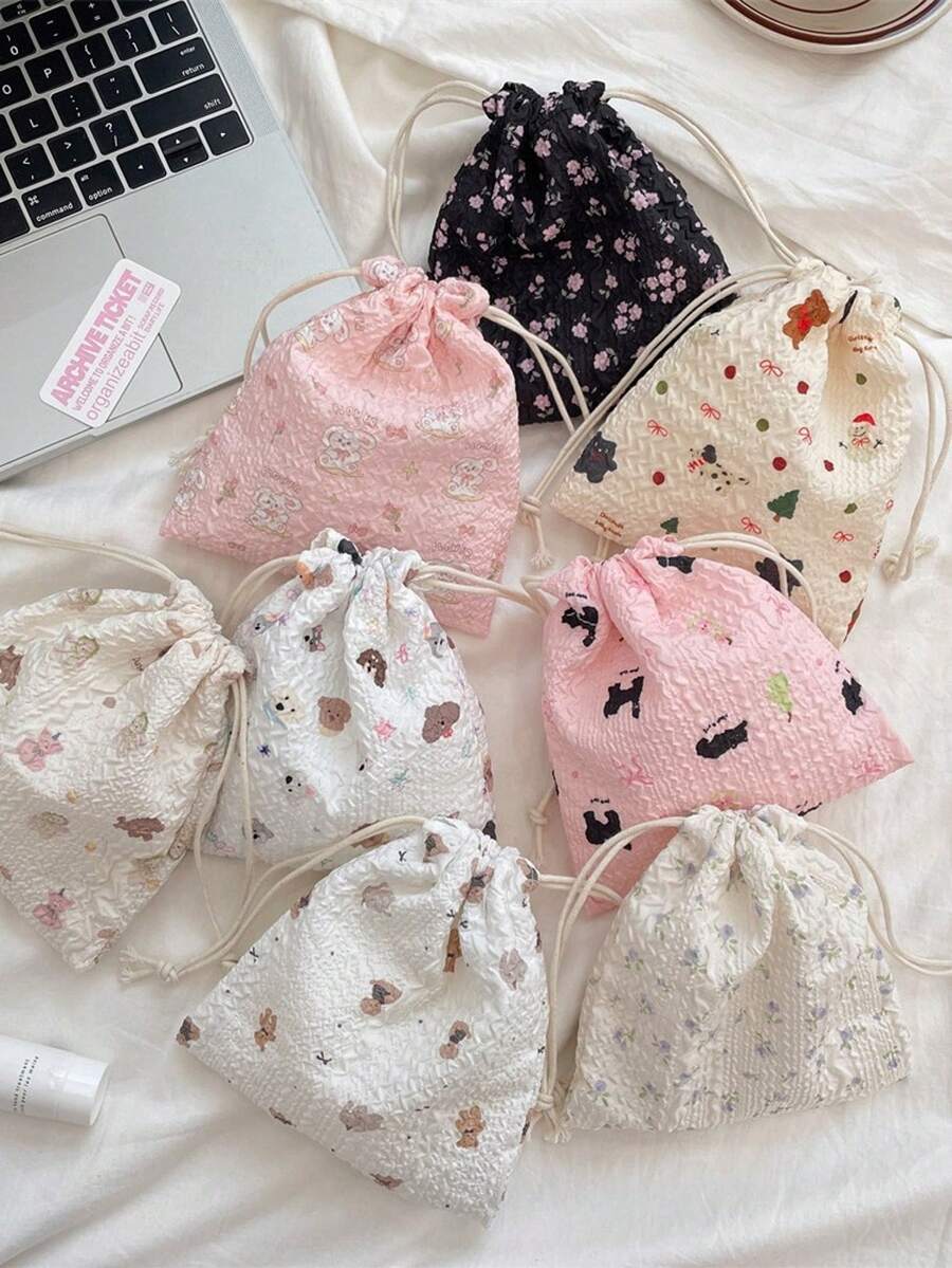 1 套 - 1 个可爱图案抽绳收纳袋 + 1 个柔软布料洗衣/化妆品/首饰/纸巾/卫生巾/零钱包旅行收纳袋 - 彩色 - 查看 1
