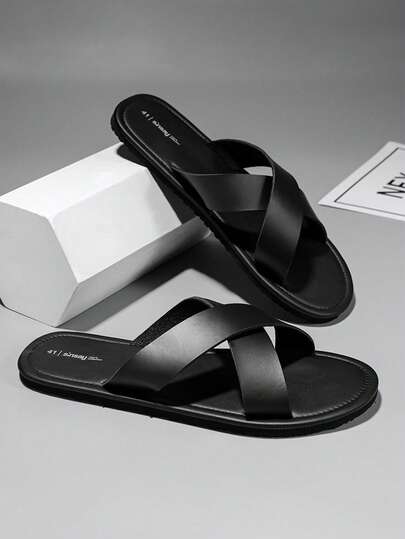 Men's Genuine Leather Sandals, Fashionable And Comfortable Indoor/Outdoor Footwear, Criss-Cross Design, Suitable For Casual And Formal Occasions, Durable, Breathable And Abrasion-Resistant Slippers.