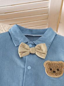 Infant Toddler Unisex Summer Outdoor Party Denim Cute Cartoon Bear Embroidered Short Sleeve Romper + Bib Pants 2pcs Set - Camel - View 4