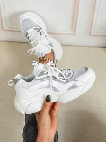 Women's White And Gray Mesh Leather Patchwork Platform Sneakers For All Seasons, Featuring Comfortable Soft Soles, Lightweight And Versatile, Suitable For Outdoor Hiking And Walking. Retro Casual Sporty Style, Perfect For Everyday Wear Or Holiday Gifts. - White Ash - View 2