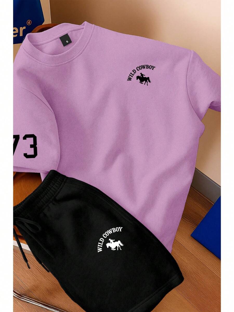 Men's T-Shirt And Shorts Set - New Summer Collection - Modern - Premium Cotton - 紫丁香 - 查看 1