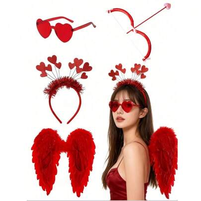 4件套丘比特情人节服装，包含红色翅膀、弓箭、头箍和眼镜，适合节日角色扮演、拍照道具、生日礼物、浪漫装饰、特别夜晚、周年纪念装饰、情人节派对用品、情人节服装配饰，男女通用，也适合单身派对服装（款式随机发送）