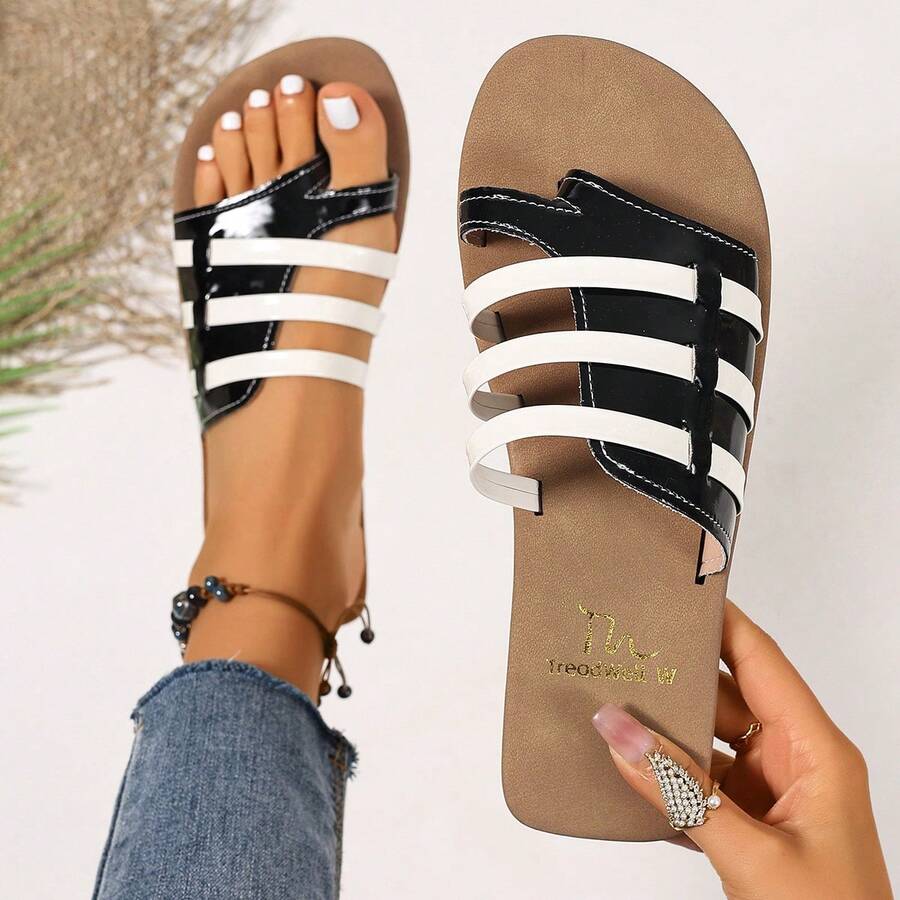 女士黑白拼接休闲沙滩凉鞋，百搭平底拖鞋 - 黑與白 - 查看 1